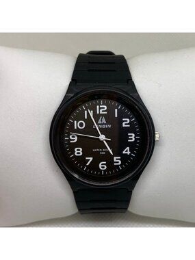 Lenqin quartz analog watch black tone dial 37mm unisex plastic up to 8” running